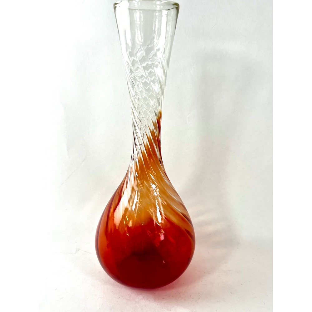 Vintage Hand Blown Art Glass Swirl Vase Ruby Red Orange Ombre Twisted Neck 12"